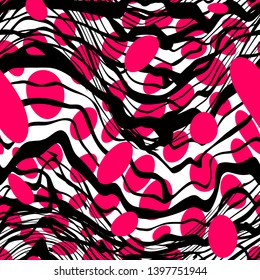 Abstract  modern retro vintage white seamless pattern with chaotic black, red circles and wave lines. Vector illustration. Black, red and white  background. Monochrome design.