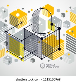 Abstract modern retro yellow 3D background, geometric futuristic shapes vector illustration. Abstract scheme of engine or engineering mechanism.