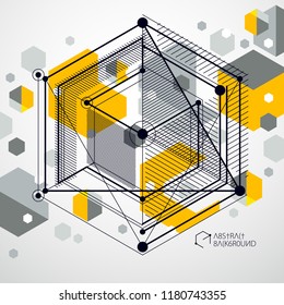 Abstract modern retro yellow 3D background, geometric futuristic shapes vector illustration. Abstract scheme of engine or engineering mechanism.