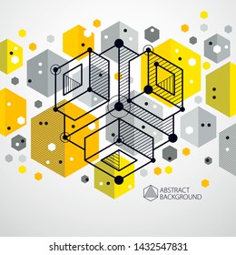 Abstract modern retro yellow 3D background, geometric futuristic shapes vector illustration. Abstract scheme of engine or engineering mechanism.