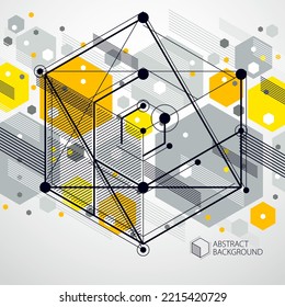 Abstract modern retro yellow 3D background, geometric futuristic shapes vector illustration. Abstract scheme of engine or engineering mechanism.