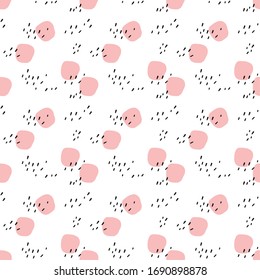 Reseña moderna y transparente con puntos y líneas de polka rosa. Un fondo abstracto. 