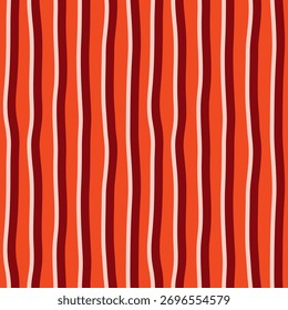 Abstrato moderno sem costura brilhante padrão geométrico colorido de listras curvas emparelhadas verticais sobre fundo vermelho; ilustração vetor desenhado à mão simples, desenho, estilo plano
