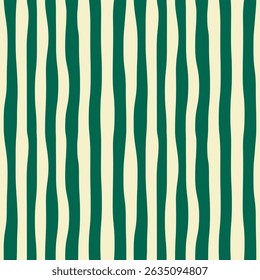 Abstract modern seamless monochrome geometric pattern of vertical green curved stripes on light background, hand drawn vector illustration, drawing, flat style