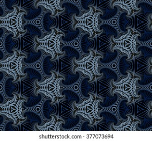 Abstract modern seamless ornamental pattern of fractal shapes in blue shades on black background