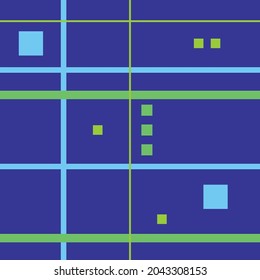 Abstract, modern seamless pattern. Blue and green  stripes and rectangles on dark blue background.