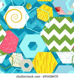 Abstract modern seamless pattern with blue zig zag background and different designed textured hexagons in front