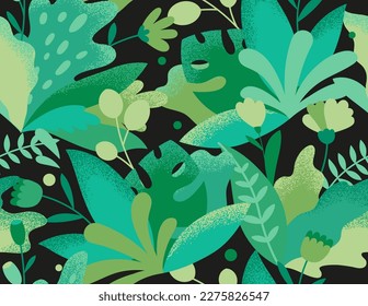 Abstract modern seamless pattern with branches, flowers and leaves. Vector botanical illustration in flat style. Bright foliage background.