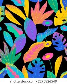 Resumen de un patrón moderno sin costuras con ramas, flores y hojas. Ilustración botánica vectorial en estilo plano. Fondo follaje brillante.