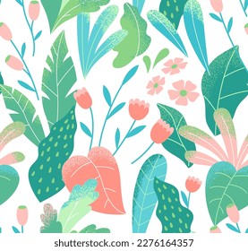 Abstraktes, modernes, nahtloses Muster mit Ästen, Blumen und Blättern. Vektorbotanische Illustration im flachen Stil. Helles Blattwerk, Hintergrund.