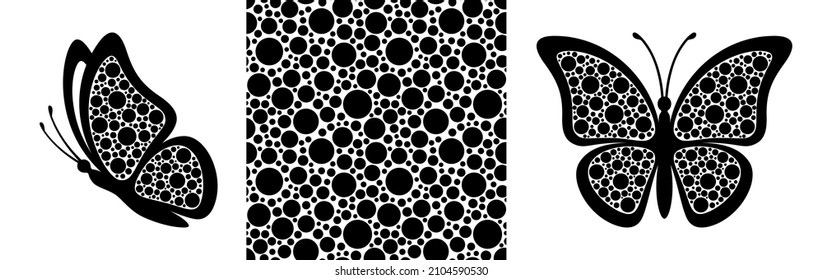 Abstract modern seamless pattern of butterfly with dotted wings on white background for decoration design. Contour closeup design element black butterfly. Side view vector icon