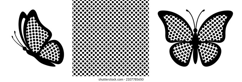 Abstract modern seamless pattern of butterfly with halftone wings on white background for decoration design. Shape closeup design element black butterfly. Side view vector icon