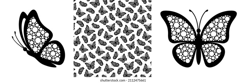 Abstract Modern Seamless Pattern Of Butterfly With Dotted Wings On White Background For Decoration Design. Outline Closeup Design Element Black Butterfly. Side View Vector Icon