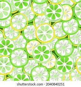 Abstract modern seamless pattern with citrus fruits, useful vitamins. Healthy vegan food. Lemons, oranges, tangerines cut into round slices, slices. Vector graphics.