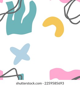 Abstract modern seamless pattern with color geometry shapes. Hand drawn different shapes texture. Modern doodle vector background with various shapes. Great for printing on textiles