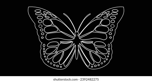 Abstract modern seamless pattern of contour monarch butterflies on black background for decoration design, sticker, icon etc. Black butterfly closeup design element. Top view vector icon.