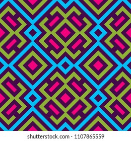 Abstract modern seamless pattern with decorative ornament of violet, blue, pink, and green shades
