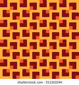 Abstract modern seamless pattern of different square shapes in orange and golden colors on dark brown background