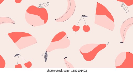 Abstract modern seamless pattern with fruits. Hand draw texture.