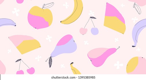 Abstract modern seamless pattern with fruits. Hand draw texture.