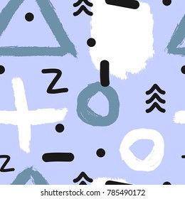 Abstract modern seamless pattern with geometric shapes and watercolour brush strokes. Sketch, doodle, grunge. Drawn by hand. Trendy vector illustration.