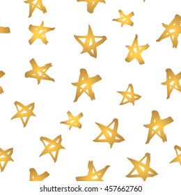 Abstract modern seamless pattern with gold stars. Hand drawn golden stars on white. Shiny background like gold foil.