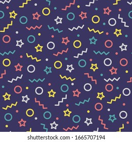Abstract modern seamless pattern. Memphis style background with various shapes: zigzag, star, circle, dot. Kids fabric, textile, wallpaper, wrapping design.