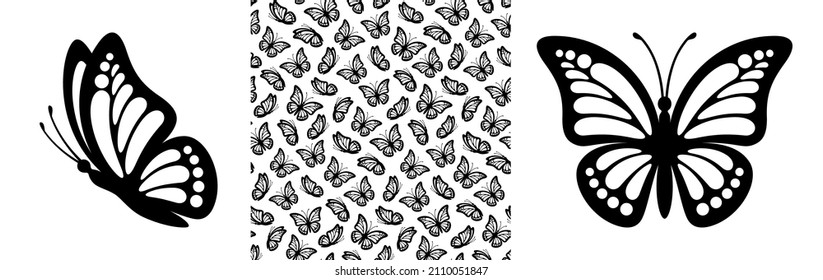 Abstract modern seamless pattern of monarch butterfly contours on white background for decoration design. Closeup design element black butterfly. Side view vector icon