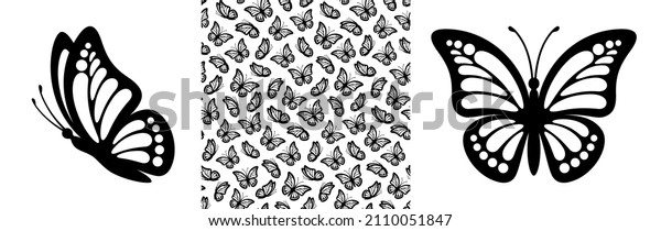 Abstract modern seamless\
pattern of monarch butterfly contours on white background for\
decoration design. Closeup design element black butterfly. Side\
view vector icon