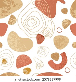 Abstract modern Seamless pattern with organic shapes in earthy tones. Features elements with a textured effect. Ideal for fabric, wallpaper, branding, packaging, and digital design.Vector illustration