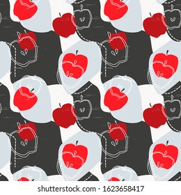 Abstract modern seamless pattern with red apple clipart on a grey wavy lines and spots background for a gift wrapping, poster or banner background. 