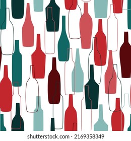 Abstract modern seamless pattern with silhouettes of wine bottles of different shapes. Transparent drinking utensils. Vector graphics.