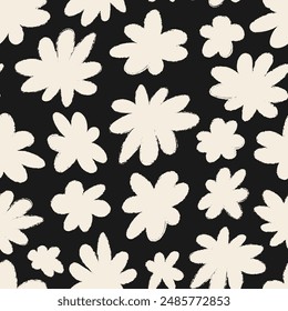 Abstract modern seamless pattern with silhouettes of charcoal flowers. Floral vector hand drawn background with crayon effect