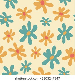 abstract modern seamless pattern. simple, cute pattern with chamomile flowers, lines, dots. Retro floral vector background surface design. textile, stationery, wrapping paper, covers. 60s, 70s style. 