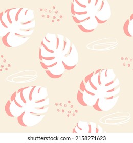 Abstract modern seamless pattern with tropical leaves. Monstera, doodles and dots. Trendy wallpapers, textiles.