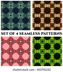 Abstract modern seamless patterns with decorative elements of blue, brown, red and green shades