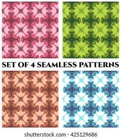 Abstract modern seamless patterns with fractal decorative elements of green, vinous, pink, blue, white and brown shades
