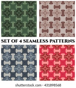 Abstract modern seamless patterns with fractal decorative elements of blue, green, red and brown shades