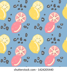 abstract modern seamless vector pattern background illustration with lemons and animal print with leopard dots
