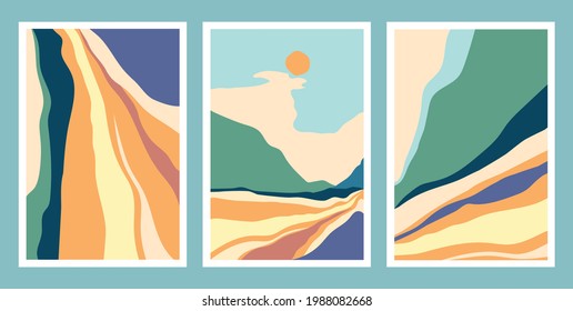 Abstract modern set of aesthetic background landscapes with sunrise in the steppe, and bright iridescence of sand.Vector flat illustration. Modern art print templates, boho style wall decor.