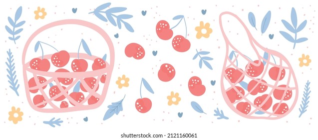 Abstract modern set of cherry in basket. Harvest concept. Vector hand drawn berries with flowers and leaves illustration. Isolated on white background.