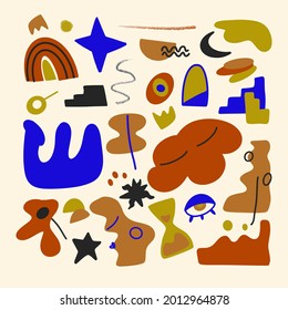 Resumen del fondo de las formas modernas. Dibujaron a mano varias formas y objetos de garabatos. Ilustraciones vectoriales modernas. Para papeles pintados y postales