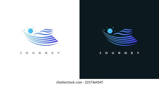 Abstract and Modern Ship Logo with Sun and Stars in Blue Gradient Style. Cruise, Yacht Logo or Icon