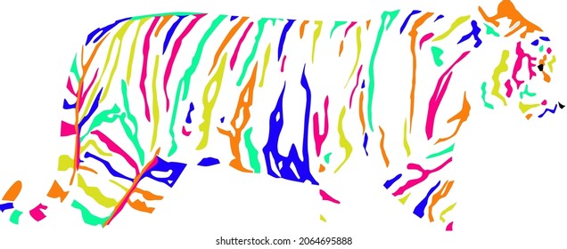 abstract modern silhouette of bengal tiger (Panthera tigris tigris) from side with colorful stripes, vector illustratin isolated on white background, realistic outline