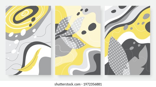 Abstract modern simple leaf, minimal dot lines shapes vector illustration set. Minimalist trendy contemporary design, abstraction art with floral elements, template background for social media stories