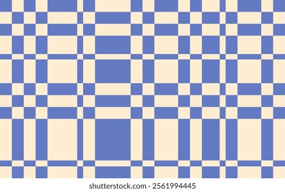 Abstract modern simple seamless horizontal blue checkered pattern with offset lines on light background, flat style