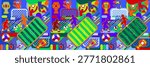 Abstract modern soccer competition seamless pattern 2026 for the design of Summer competitions at a sports camp for teenagers and children for recreation and training, football and tennis teams competitions. The colorful banner is decorated with world sports symbols and icons of a soccer ball, tournaments players, award cup, fans, and a playing field with goals 26 Hand Drawn illustration. Suitable for brochures, posters, and social media posts and banners, web site, advertising print, fabric textile Mexico, us, America, Canada, Brazil. Background Vector template