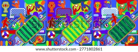 Abstract modern soccer competition seamless pattern 2026 for the design of Summer competitions at a sports camp for teenagers and children for recreation and training, football and tennis teams competitions. The colorful banner is decorated with world sports symbols and icons of a soccer ball, tournaments players, award cup, fans, and a playing field with goals 26 Hand Drawn illustration. Suitable for brochures, posters, and social media posts and banners, web site, advertising print, fabric textile Mexico, us, America, Canada, Brazil. Background Vector template