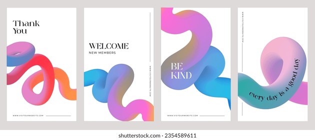 Abstract modern social media templates collection. Colorful fluid 3D geometric backgrounds for flyers, banners and posters. Smooth gradient tubes and flowing organic shapes series. Vector illustration