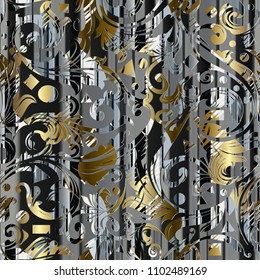 Abstract modern striped geometric seamless pattern. Vector floral ornamental creative background. Mix Baroque ornaments with geometrical shapes, figures, elements. Stripes, circles, rhombus, squares